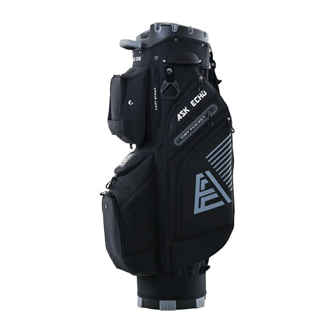 Smooth Glide 14 Way Divider Golf Cart Bag With Full Length Dividers And Kickass Extra Storage Pockets Game Changer Club Guard System In Sleek Black Colorway side view with storage pockets