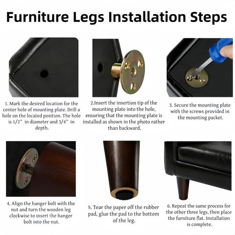 Installation steps for Six Inch Round Solid Wood Furniture Legs Replacement Set Of 4 In Dark Brown For Sofa Couch Chair.