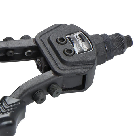 9-1/2 Inch Heavy Duty Riveting Kit With 400 Blind Rivets And 5 Nosepieces For Home, Automotive And Metalworking Projects - All In One Aluminum Rivet Gun Set That Tackles Thin To Thick Materials Like A Pro. close-up of the rivet gun head