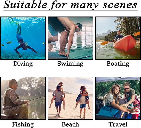 Collage of activities: diving, swimming, boating, fishing, beach, and travel, highlighting various usages for the Extra Large Mesh Dive Bag For Scuba Gear And Snorkeling.