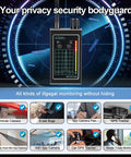 Graphic of Hidden Camera Detector And Bug Spy Scanner With High Sensitivity No Nonsense RF Wireless Detection Magnetic Field Scan And Infrared Laser Sweep For Hotels Offices Travel.