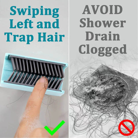 Hair Catcher, Reusable Silicone Drain Protector for Bathtub Shower Wall used to trap hair with finger demonstrating effectiveness.