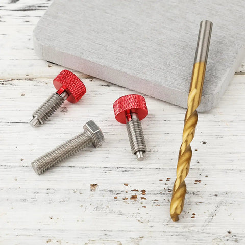Handle Release Pins Kit With 2 Stainless Steel M6 Quick Release Pins Retractable Spring Plunger Bolt And Drill Bit For Toolbox Removal Red Heavy Duty Durable Easy Pin Access displayed on wooden surface