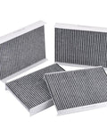 Volvo 4 Pack Cabin Air Filter with Activated Carbon for VN and VNL Series Trucks, fits models 430 to 760, four filters displayed.