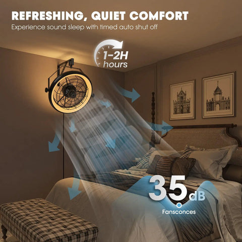 Wall Mounted Fan With Lights 23 Inch Remote And App Control 6 Speeds Dimmable 3 CCT Reversible Noiseless 360 Degree Tilt Plug In For Workshop Patio And Home, mounted above bed
