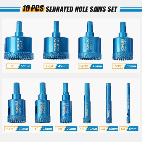 10-piece serrated hole saw set from Pro-Grade Diamond Tile Drill Bits Kit, featuring sizes from 6mm to 50mm for various materials.