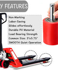 Heavy Duty Pallet Jack Wheel Replacement Kit With PU Tread 3 By 3.75 Inches Preinstalled Bearings shown with key features