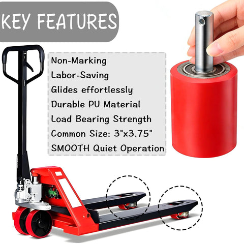 Heavy Duty Pallet Jack Wheel Replacement Kit With PU Tread 3 By 3.75 Inches Preinstalled Bearings shown with key features