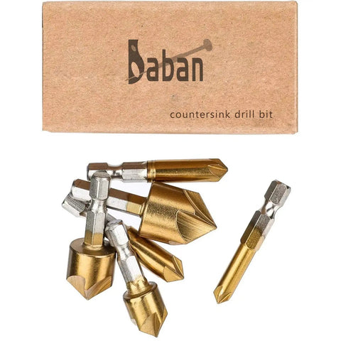 Six Piece Countersink Drill Bit Set With One Quarter Inch Hex Shank HSS Pro Grade Five Flute Countersinks For Wood, packaging view