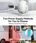 125dB Loud Indoor Motion Sensor Alarm With 328ft Remote featuring battery and plug-in options on a table and near a van.