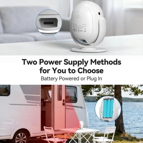 125dB Loud Indoor Motion Sensor Alarm With 328ft Remote featuring battery and plug-in options on a table and near a van.
