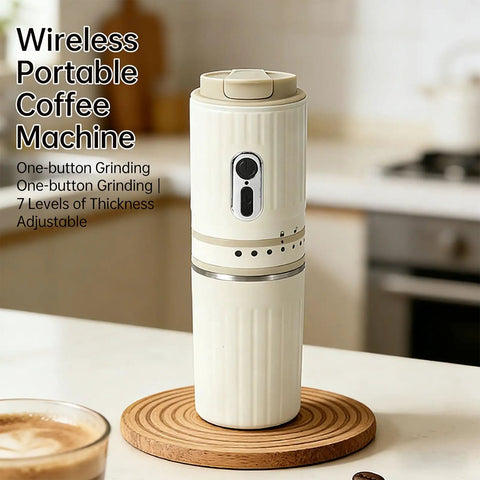Score Fresh Sips Anywhere With This Ride Or Die Travel Coffee Maker Featuring A Compact Built In Grinder And Heat Proof Tumbler Perfect For Commuting Hiking Or Just Chilling At Home, showing a white wireless portable coffee machine on a wooden coaster.