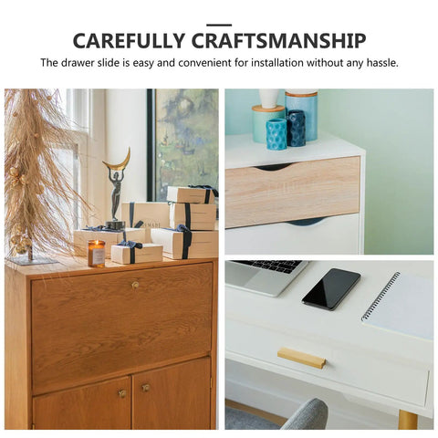 Collage of wooden cabinets and tables showcasing 2 Pack Plastic Under Drawer Slides With Easy Installation And Whisper Quiet Operation