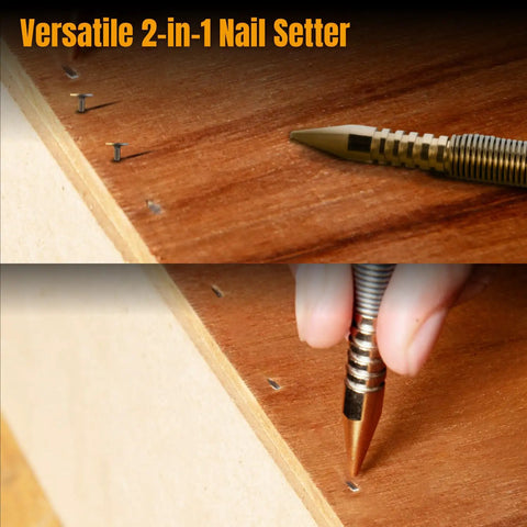Slick Spring Loaded Dual Head Nail Setter With Center Punch For Precise Drilling And Marking Heavy Duty Hammerless Carpenter Tool in use
