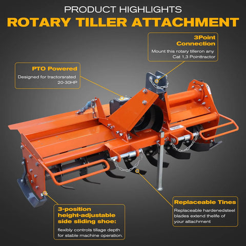 Lightweight 49 Inch Three Point Rotary Tiller for Category 1 Tractors with 540 RPM PTO Drive Replaceable L Shaped Tines