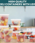 Bulk 48 Set Deli Containers With Lids 8oz 16oz 32oz Plastic Food Storage Containers Leakproof BPA Free Microwave Freezer Dishwasher Safe For Meal Prep And Grab-And-Go Takeout displayed with fruit inside