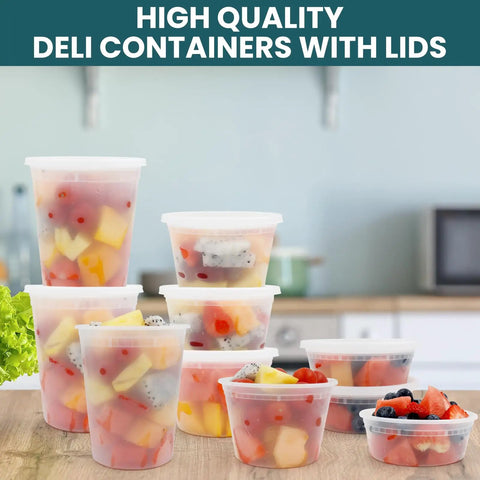 Bulk 48 Set Deli Containers With Lids 8oz 16oz 32oz Plastic Food Storage Containers Leakproof BPA Free Microwave Freezer Dishwasher Safe For Meal Prep And Grab-And-Go Takeout displayed with fruit inside