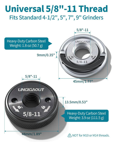 2 Pack 5/8-11 Angle Grinder Flange Nuts With Tool Free Quick Change Locking Kit Heavy Duty Self Locking D Ring And Knurled Arbor Nut For 4 1/2, 5, 7, 9 Inch Grinders Silver And Black shown with specifications