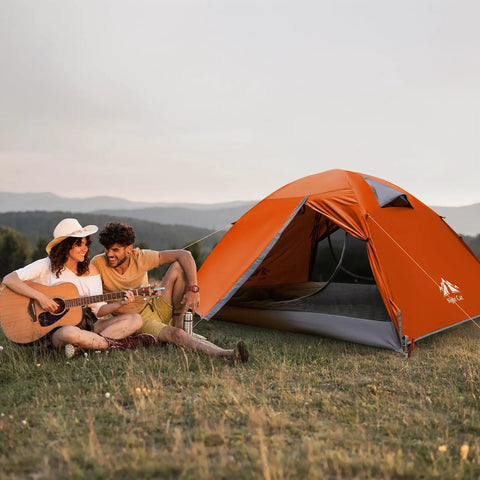 2 Person Backpacking Tent Waterproof Lightweight Camping Tent For Two People Hiking Outdoor Mountain with couple outside playing guitar