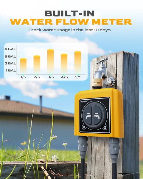 Smart WiFi Hose Timer With Brass Inlet And Dual Outlet Sprinkler Controller Weather Based Auto Irrigation That Skips Rainy Days App And Voice Control Soil Moisture Or Quantity Sensing For Your Yard, brass inlet