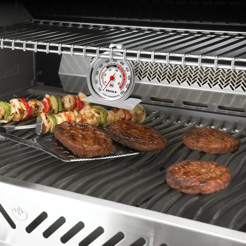 Stainless Steel Oven Thermometer With Large Dial For Instant Read Temperature From 50C To 300C Or 100F To 600F in grill setup.