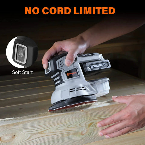 Person using Cordless 20V Max Random Orbital And Detail Sander With 2.0A Battery And Charger on wooden surface