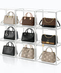 Three Pack Acrylic Purse Organizer for Closet Stackable Clear Handbag Storage Bins with Magnetic Doors displaying purses.