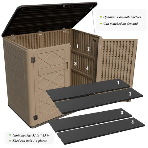 Spacious Outdoor Storage Shed Resin Cabinet With 48 Cu Ft Capacity showing open lid, optional laminate shelves, and interior view