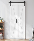 Foolproof Setup Bifold Barn Doors 40 Inch By 84 Inch With Badass 44 Inch Slider Track Kit, white two-panel doors in modern interior.