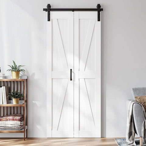 Foolproof Setup Bifold Barn Doors 40 Inch By 84 Inch With Badass 44 Inch Slider Track Kit, white two-panel doors in modern interior.