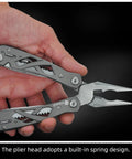 Hand holding Everyday Carry 15 In 1 EDC Multitool Pliers with spring-assisted pliers in hollow skeleton design for camping and survival.