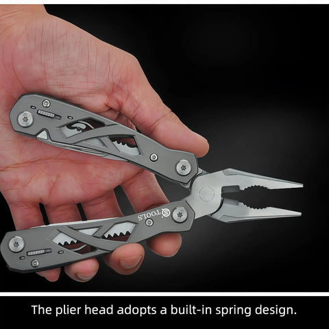 Hand holding Everyday Carry 15 In 1 EDC Multitool Pliers with spring-assisted pliers in hollow skeleton design for camping and survival.