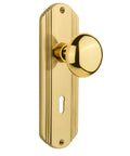 Retro Deco Plate With Keyhole New York Knob Passage Door Hardware Set in polished brass, vintage style, with 2 3/8 backset.