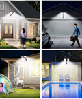 Outdoor Solar Flood Light With 218 LEDs Dual Solar Panels Motion Sensor Five Lighting Modes Waterproof High Brightness Security Lighting For Backyard Shed Driveway Black illuminating outdoor areas including house porch, garage, campsite, and poolside.