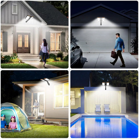 Outdoor Solar Flood Light With 218 LEDs Dual Solar Panels Motion Sensor Five Lighting Modes Waterproof High Brightness Security Lighting For Backyard Shed Driveway Black illuminating outdoor areas including house porch, garage, campsite, and poolside.