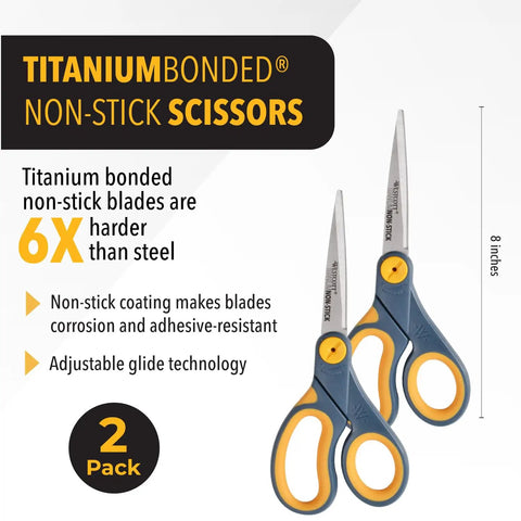 Eight Inch Non Stick Titanium Scissors With Glide Adjust Technology For Office And Home Grey Yellow Craft And Fabric Scissors Two Pack Ideal For Cutting Tape And Adhesives Plus Durable Stainless Steel Blades And Comfortable Grips