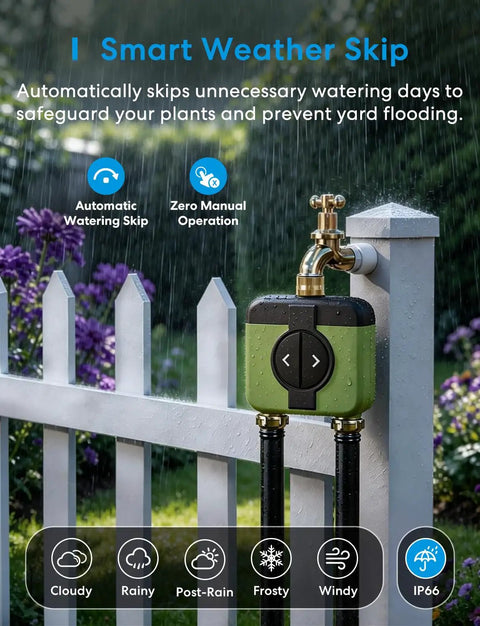 Two Zone WiFi Water Timer For Garden Hose With Brass Inlet And Outlet No Mess Setup Smart Sprinkler Controller on fence