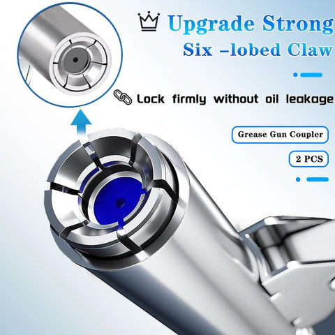 Close-up of Heavy Duty Grease Gun Coupler Kit With Quick Lock Release showing six-lobed claw design with detailed view inset