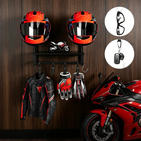 Badass Solid Wood Motorcycle Helmet Holder Wall Mounted With Four Glove Clips And Four Heavy Duty Hooks, features two red helmets and leather jacket.