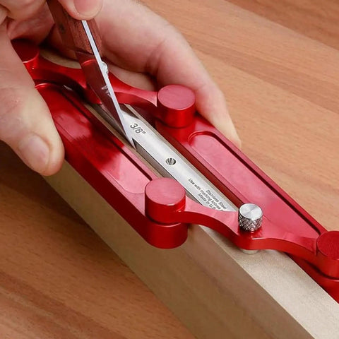 Hands using Top Tier Stainless Steel Center Gauge For Woodworking with 3/8 inch marking on wood for precise layout.