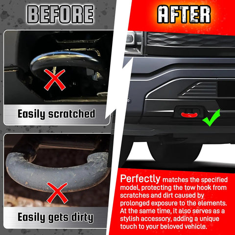 Comparison of scratched tow hook before and red ABS Ford Tow Hook Covers 2-Pack for F150 2004-2025, Bronco, Tundra after installation.
