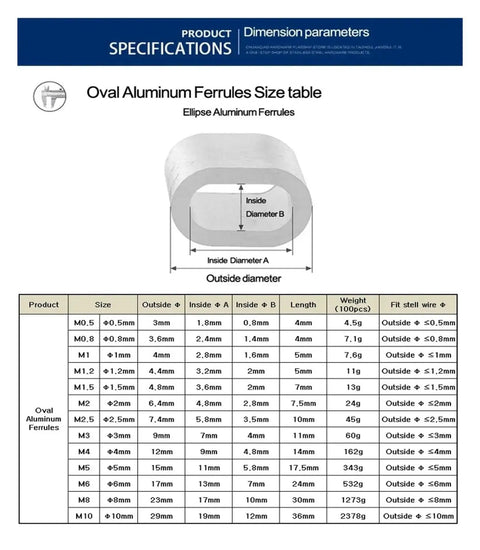 Knockout Performance Aluminum Crimping Loop Sleeve Wire Rope Ferrule Cable Tie Kit size chart with specifications.