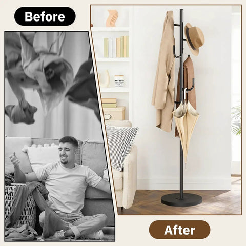 Heavy Duty Freestanding Coat Rack With Solid Wood Base And Metal Coat Tree 6 Hook Hanger Stand For Jackets Hats Bags No Wobble Sturdy Standing Purse Rack with organized coats and hats