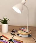 Metal Desk Lamp With Fast Wireless Charging Pad And USB Ports, Arc Table Light in white finish on a wooden desk.
