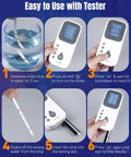 Step-by-step usage of 6 In 1 Digital Aquarium Water Test Strips Kit for Fresh and Saltwater Tanks, with digital tester and strip.