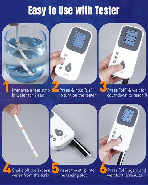 Step-by-step usage of 6 In 1 Digital Aquarium Water Test Strips Kit for Fresh and Saltwater Tanks, with digital tester and strip.