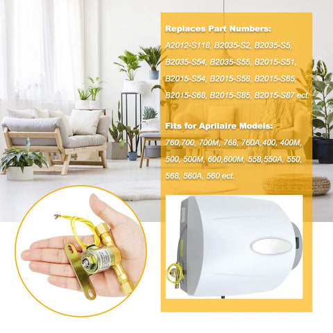 Humidifier water solenoid valve (brass) with yellow wiring next to white Aprilaire whole-house humidifier unit.