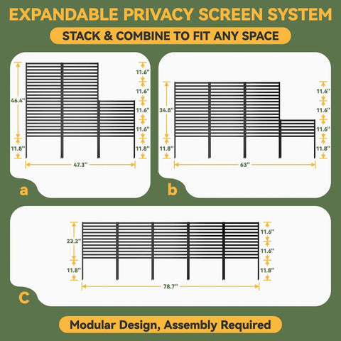 Image showing dimensions and stack configurations of Metal Outdoor Privacy Screen 46.4 Inch High By 47.3 Inch Wide 10-Panel Freestanding Fence.