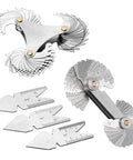 5-piece stainless steel thread pitch gauge set with fold-out blades and circular center gauges; metric and SAE types.