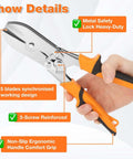 Person holding Carbon Steel 5 Blade Hand Crimper For Gutter And Ductwork with orange handles, showing metal safety lock.
